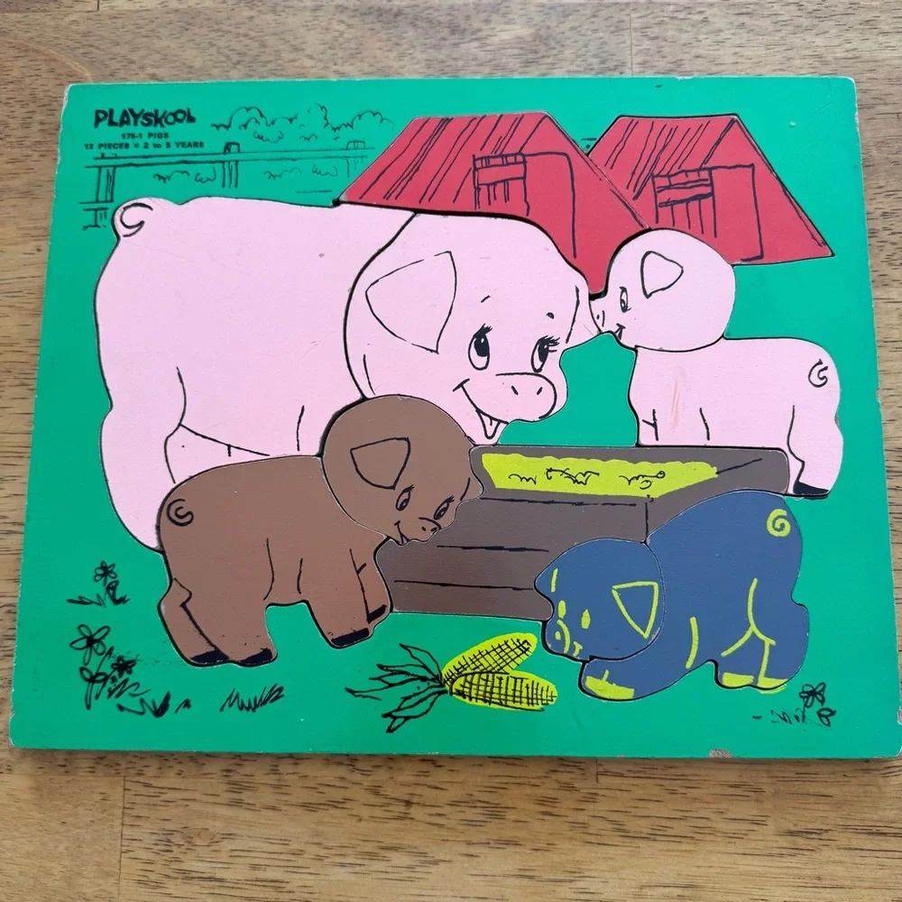 Vintage Playskool Wooden Puzzles 6 Sesame Street Drive Lion‎ Table Fire Pigs